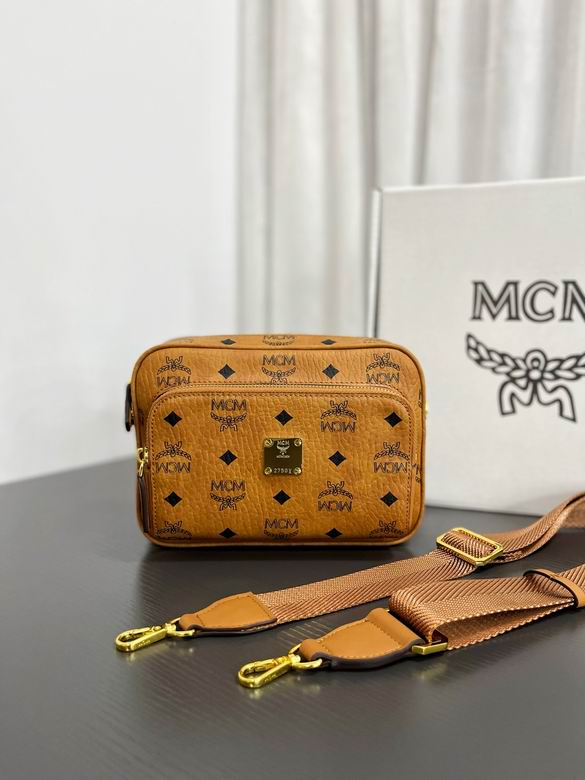 MCM Visetos Small Camera Crossbody Bag in Cognac with Webbing Strap