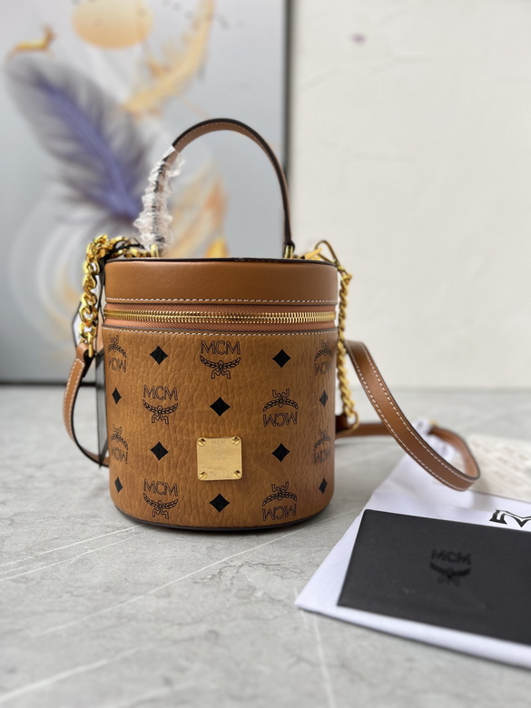 MCM Cylinder Top-Handle Bucket Bag in Cognac Visetos Coated Canvas