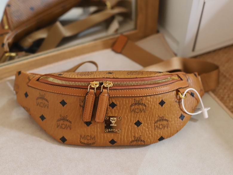 MCM Visetos Belt Bag in Cognac Coated Canvas with Gold-Tone Hardware