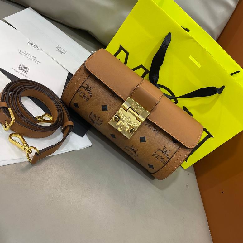 MCM Tracy Cylinder Crossbody Bag in Cognac Visetos with Leather Trim