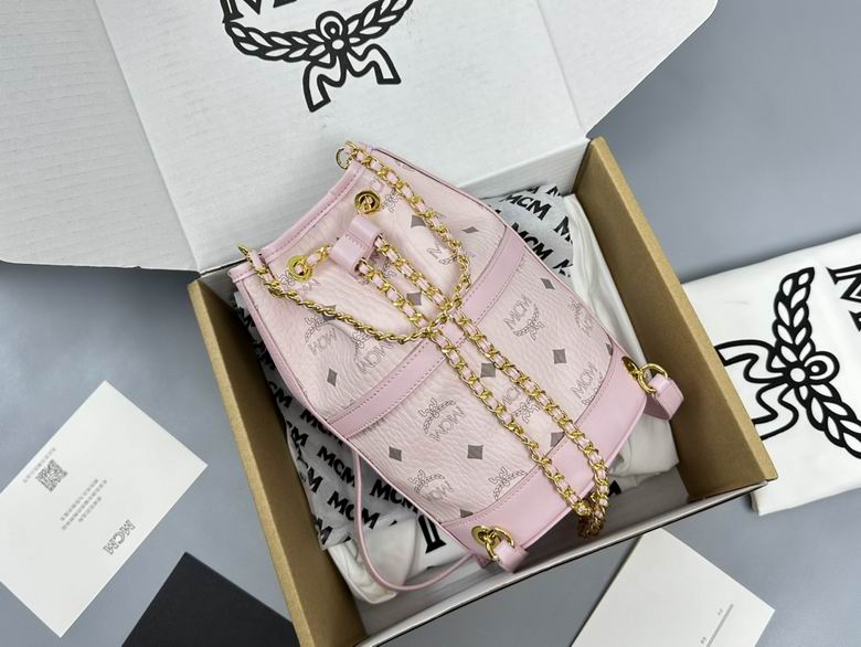 MCM Mini Drawstring Bucket Bag in Light Pink Visetos with Gold Chain Straps
