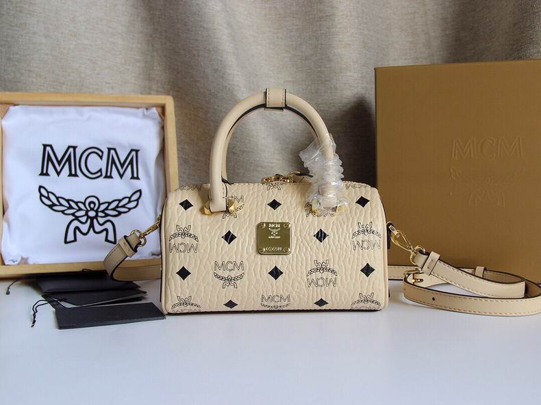 MCM Mini Boston Pillow Bag in Cream Visetos Coated Canvas with Crossbody Strap