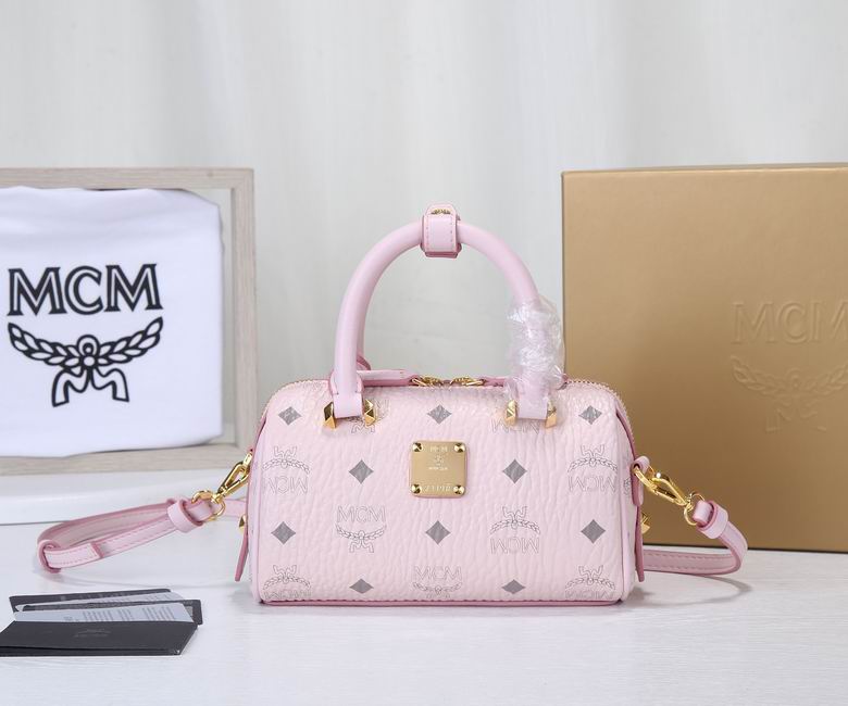 MCM Mini Boston Pillow Top-Handle Crossbody Bag in Pink Visetos Coated Canvas