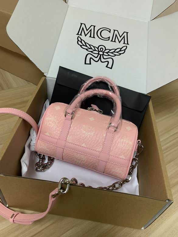 MCM Mini Boston Bag in Pink Visetos Coated Canvas with Chain Strap