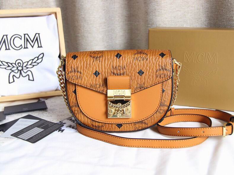 MCM Patricia Mini Saddle Crossbody Bag in Cognac Visetos with Chain Strap