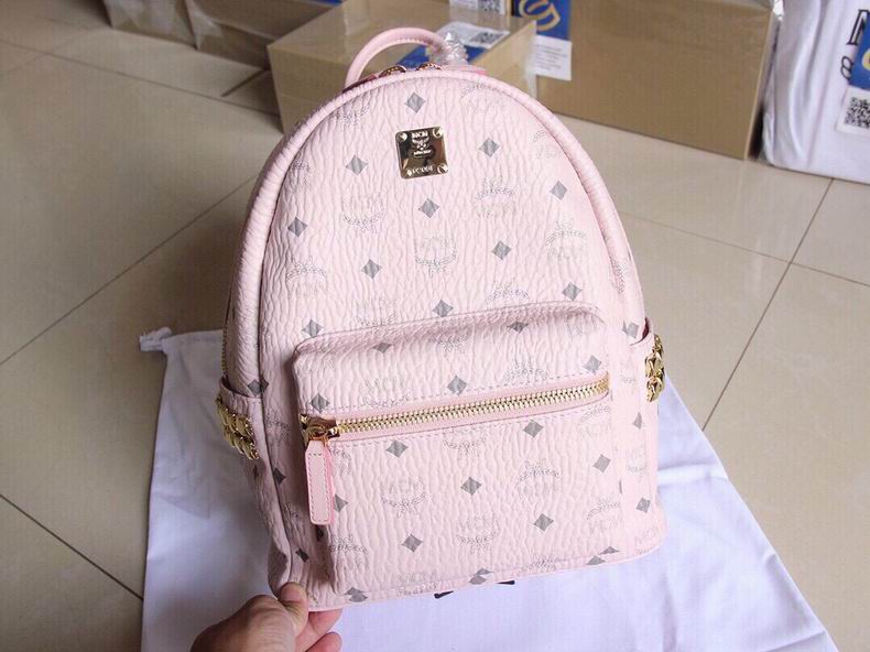 MCM Stark Side Studs Small Backpack in Light Pink Visetos Coated Canvas