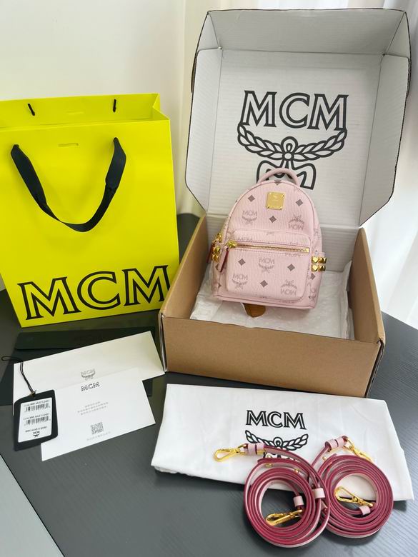 MCM Stark Bebe Boo Mini Backpack in Light Pink Visetos Coated Canvas