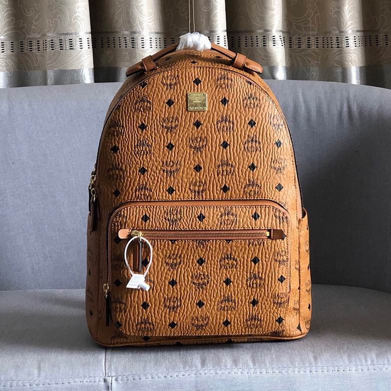 MCM Stark Backpack in Cognac Visetos Coated Canvas with Front Zip Pocket