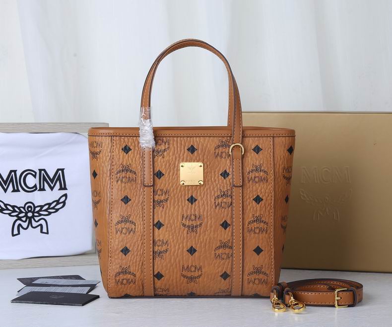 MCM Toni Mini Shopper Tote in Cognac Visetos with Detachable Strap