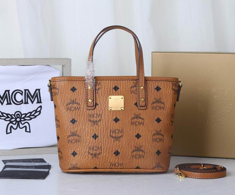 MCM Mini Shopper Tote Bag in Cognac Visetos Coated Canvas with Strap