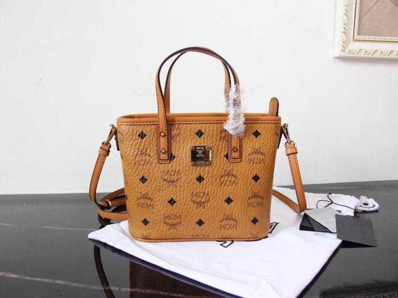 MCM Anya Mini Shopper Tote with Crossbody Strap in Cognac Visetos