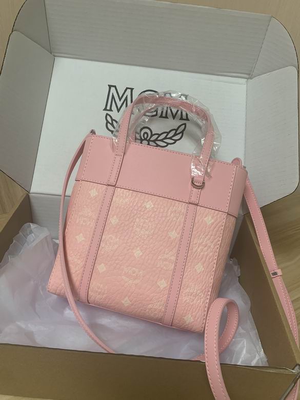 MCM Mini Tote Bag with Crossbody Strap in Pink Visetos Monogram Canvas