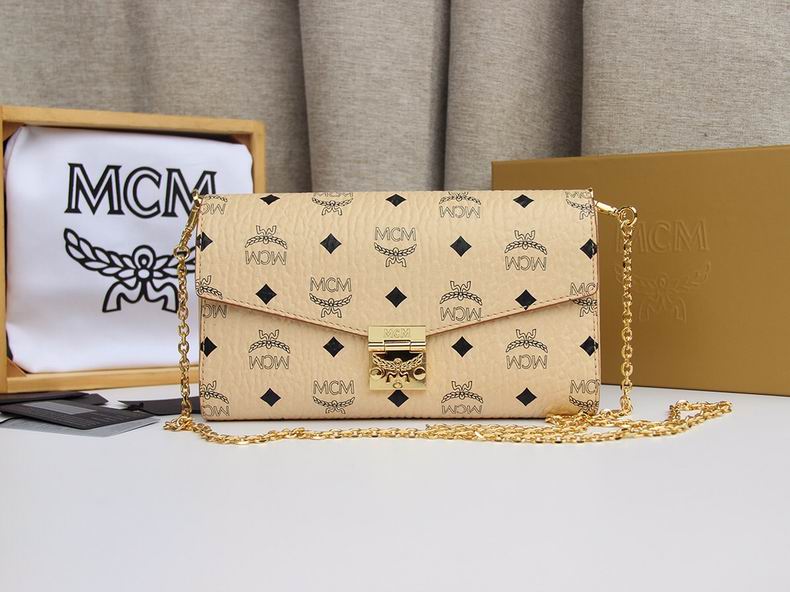 MCM Millie Flap Crossbody Bag in Beige Visetos Coated Canvas with Gold Chain
