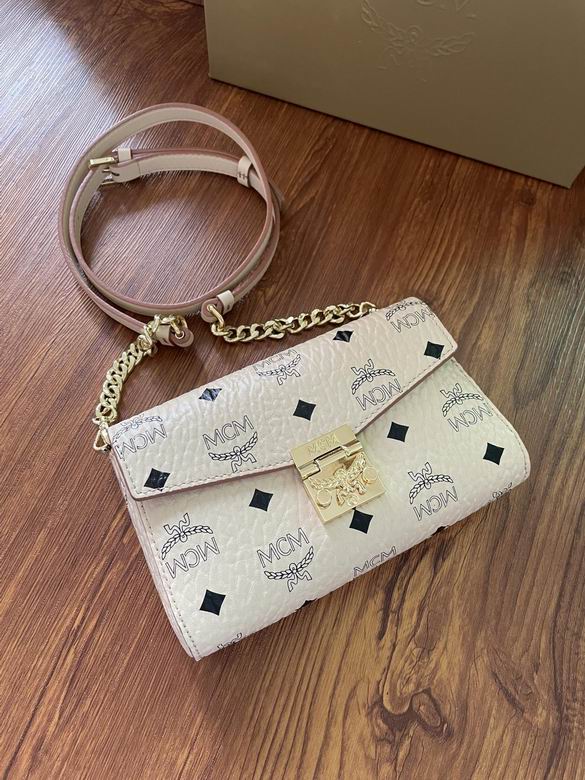 MCM Tracy Crossbody Bag in Beige Visetos Coated Canvas with Gold Chain