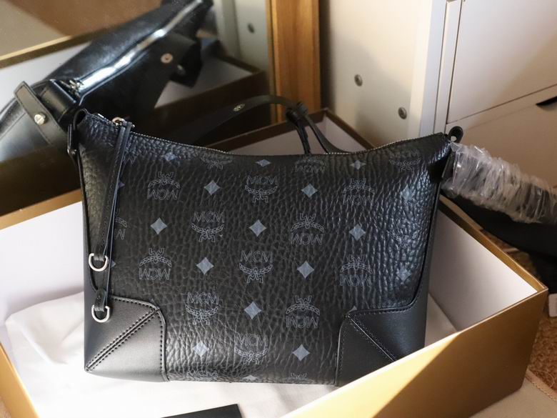 MCM Visetos Crossbody Shoulder Bag in Black with Leather Trim