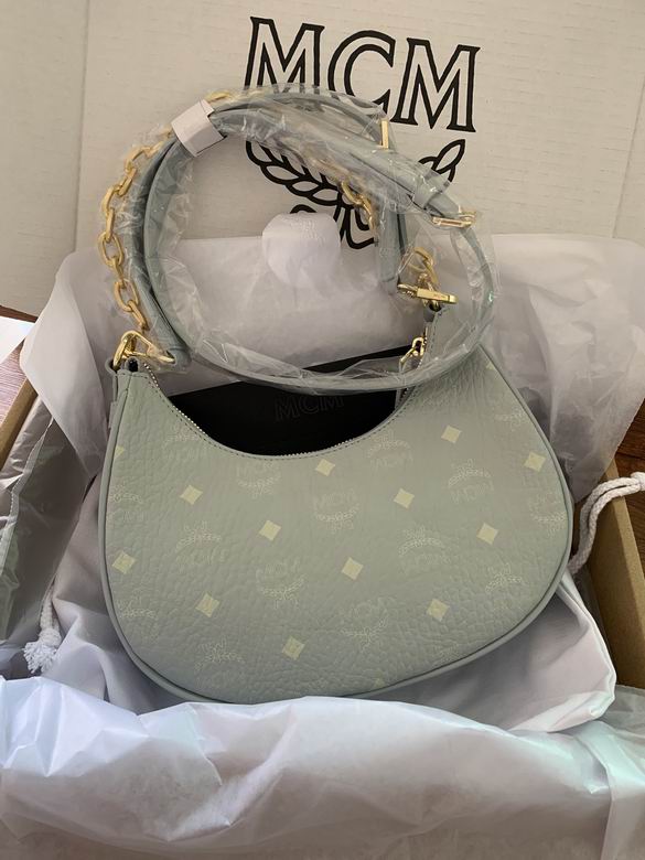 MCM Aren Crescent Hobo Shoulder Bag in Pale Green Visetos with Gold Chain