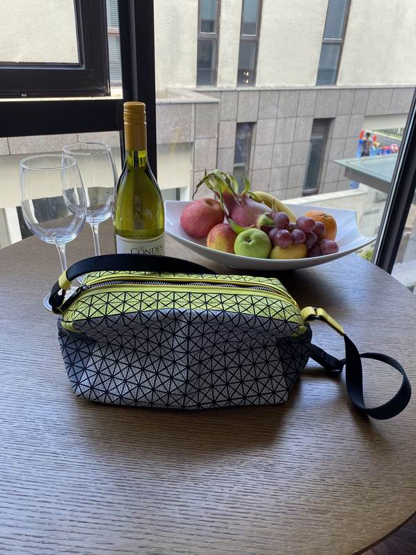 Issey Miyake Geometric Panel Messenger Bag in Silver Black with Neon Yellow Trim