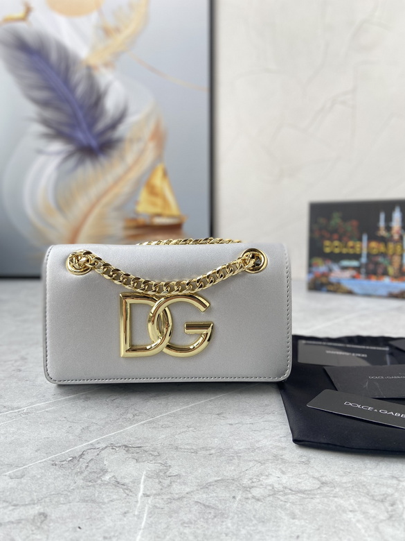Dolce & Gabbana 3.5 Chain Crossbody Bag with Gold DG Logo in Silver Satin