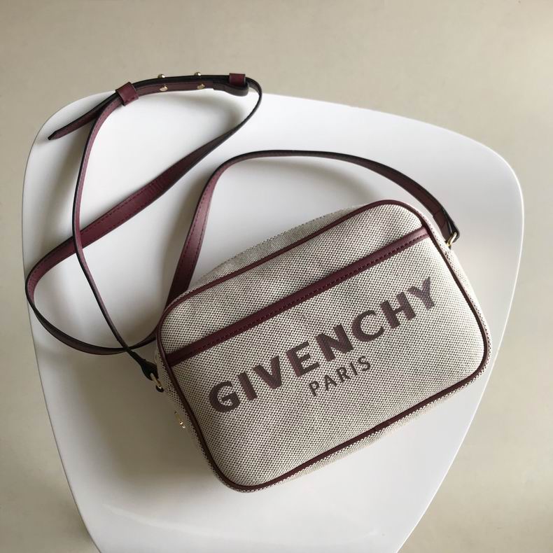 Givenchy Bond Camera Crossbody Bag in Beige Canvas with Burgundy Leather Trim
