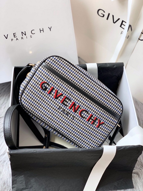 Givenchy Camera Crossbody Bag in Blue Houndstooth Canvas with Red Logo