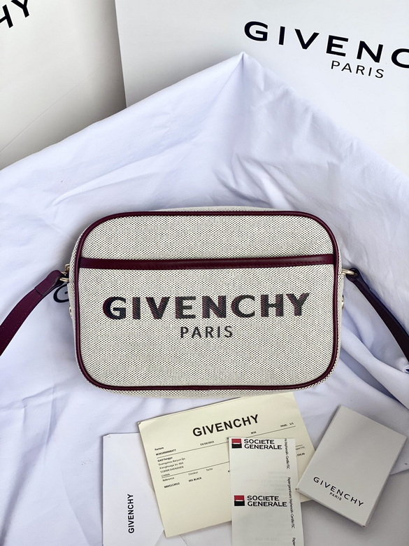 Givenchy Bond Camera Crossbody Bag in Beige Canvas with Burgundy Leather Trim