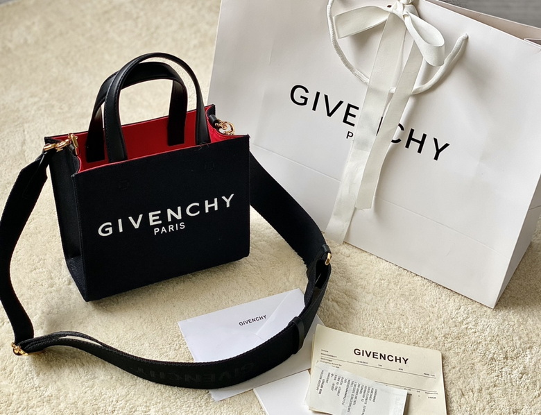 Givenchy G-Tote Mini Tote Bag in Black Canvas with Red Interior and Strap