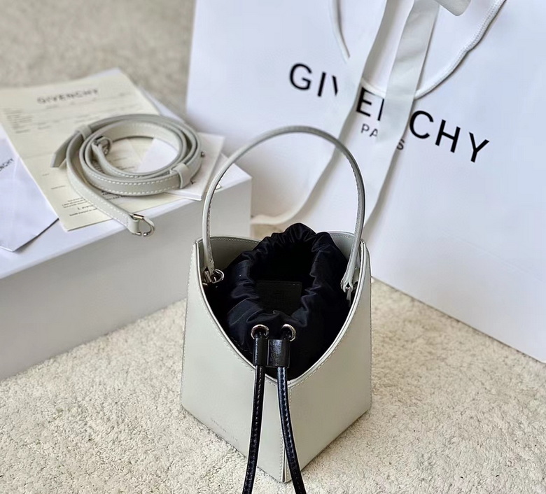 Givenchy Cut Out Mini Bucket Bag in Light Grey Leather with Black Drawstring