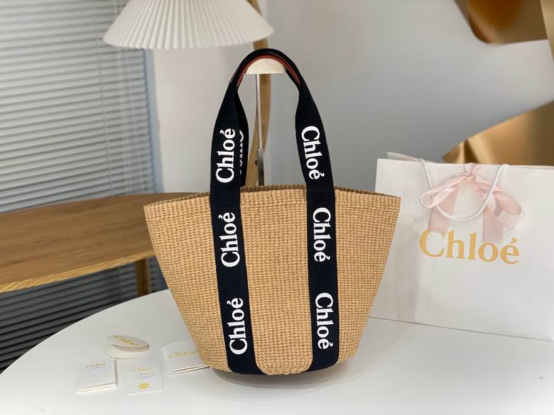 Chloé Woody Small Basket Tote in Natural Straw with Navy Logo Straps