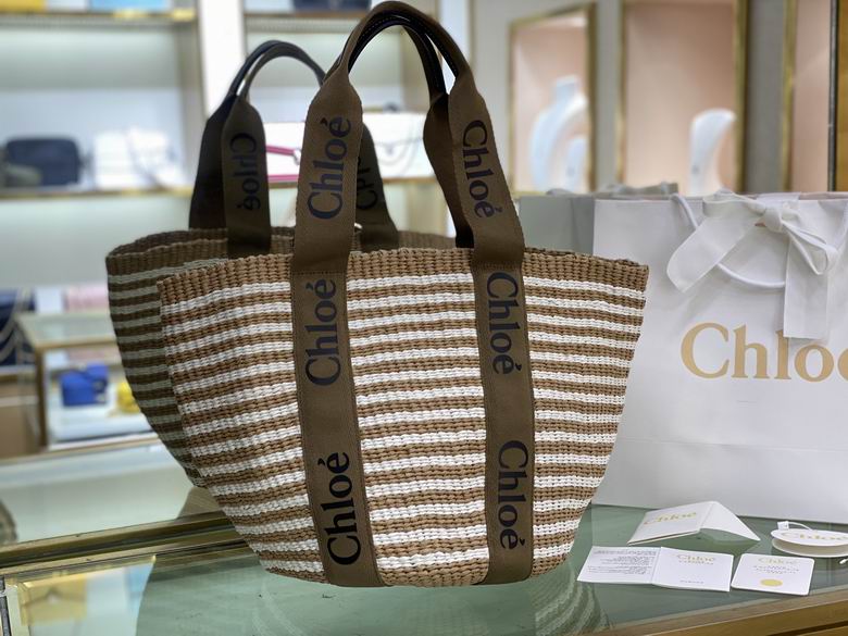 Chloé Woody Basket Tote Bag in Brown and White Striped Woven Straw