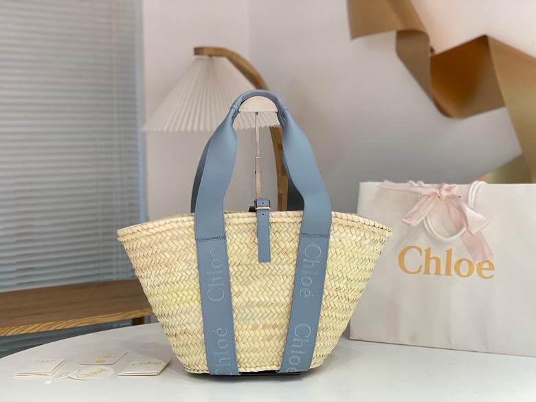 Chloé Woody Basket Tote Bag in Natural Straw with Light Blue Leather Straps