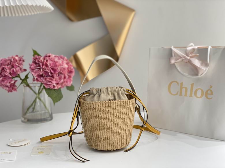 Chloé Small Woody Basket Bucket Bag in Natural Straw with Yellow Leather Straps