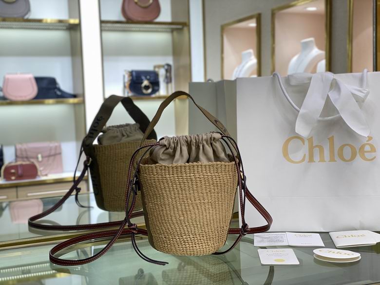 Chloé Woody Small Basket Bucket Bag in Natural Straw with Canvas Strap