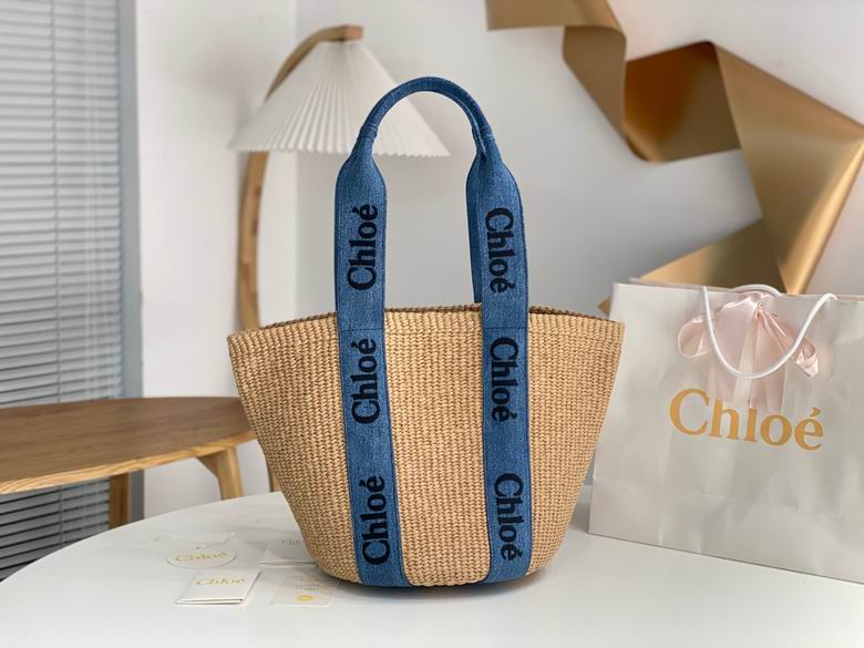 Chloé Woody Small Basket Tote in Natural Straw with Blue Denim Logo Straps
