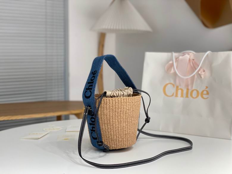 Chloé Woody Small Basket Bucket Bag in Natural Straw with Blue Denim Strap