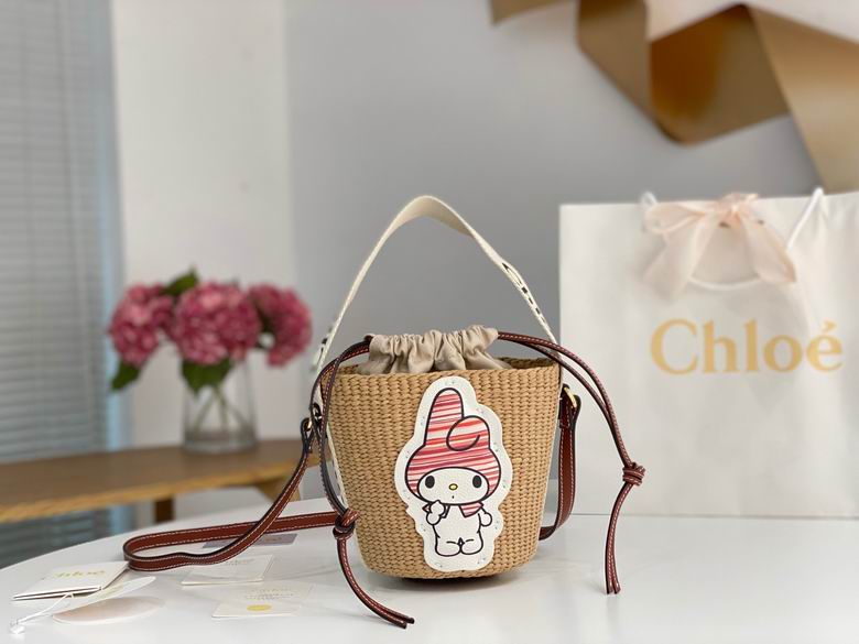 Chloé Woody Small Basket Bucket Bag in Natural Straw with My Melody Patch