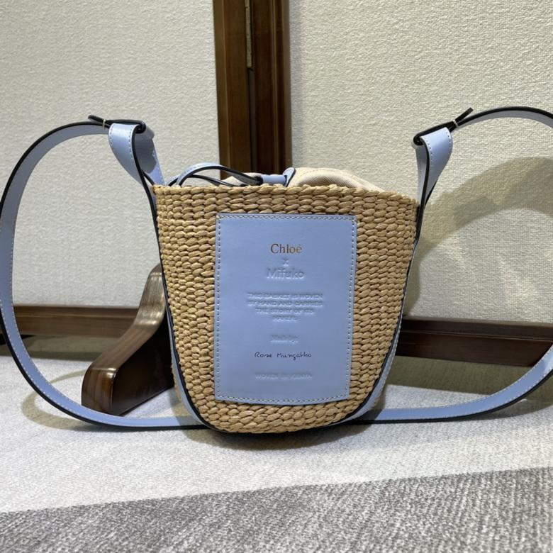 Chloé x Mifuko Small Woody Basket Bucket Bag in Raffia with Light Blue Leather