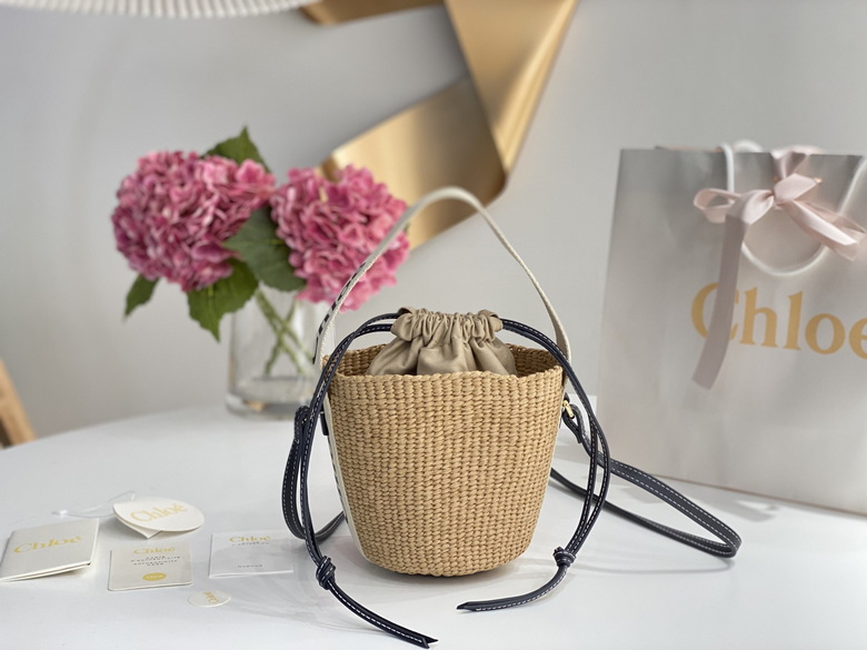 Chloé Woody Small Basket Bucket Bag in Natural Woven Straw with Navy Leather