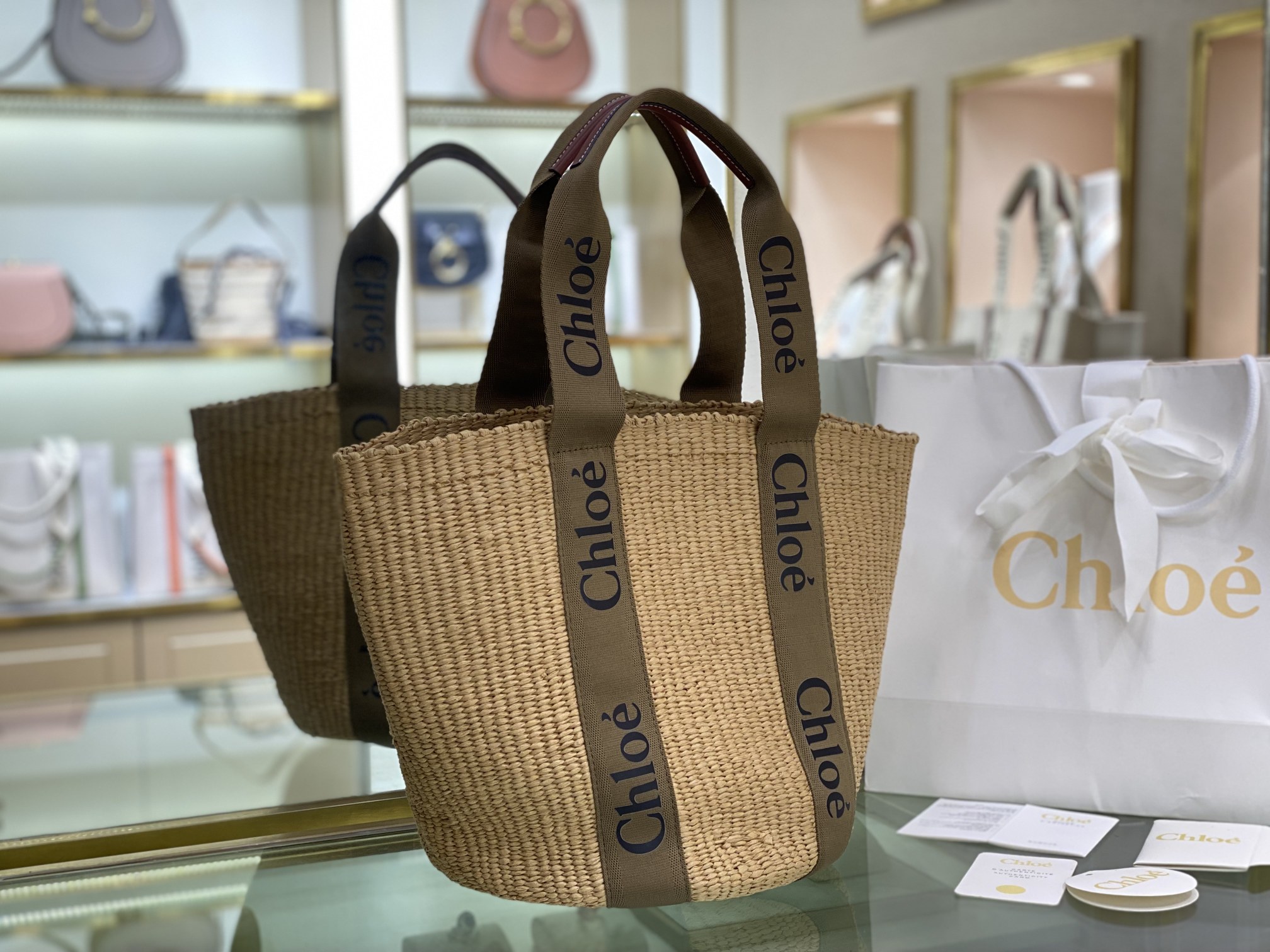 Chloé Woody Basket Tote Bag in Natural Straw with Khaki Logo Straps