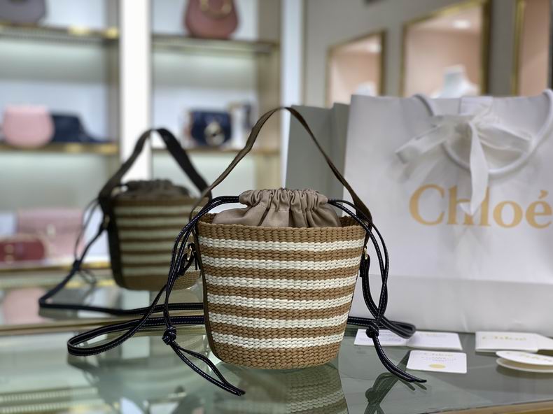 Chloé Woody Small Bucket Bag in Striped Tan and White Straw with Black Ties
