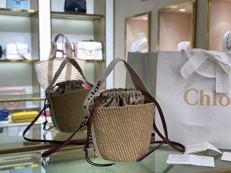 Chloé Woody Small Basket Bag in Natural Woven Straw with Logo Ribbon Strap