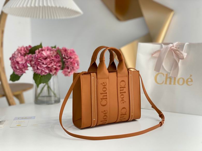 Chloé Woody Small Tote Bag with Shoulder Strap in Tan Leather
