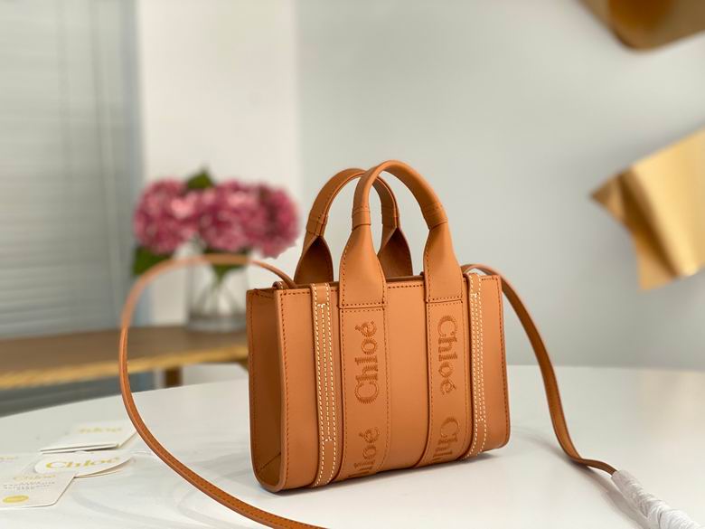 Chloé Woody Mini Tote Bag with Shoulder Strap in Tan Leather