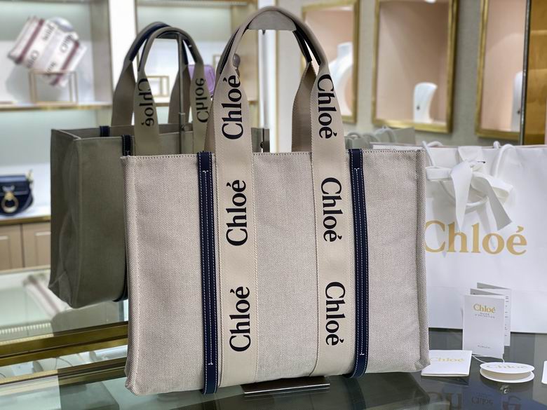 Chloé Woody Large Tote Bag in Beige Canvas with Navy Logo Ribbon