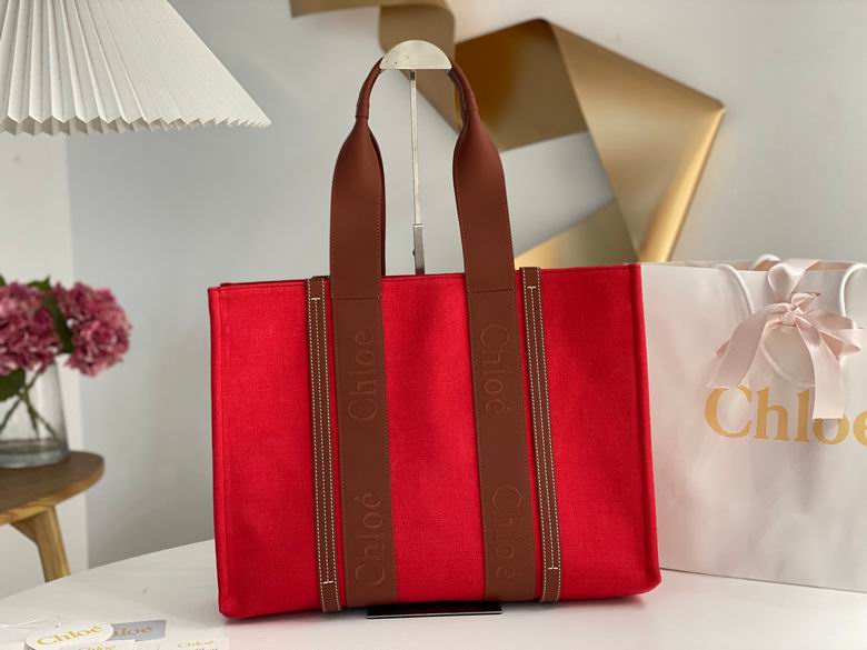 Chloé Woody Large Tote Bag in Red Canvas with Brown Leather Straps