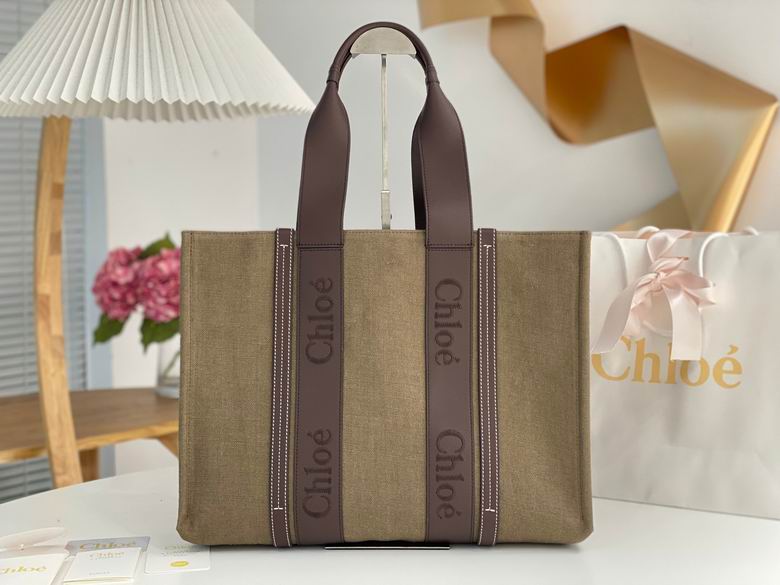 Chloé Woody Large Tote Bag in Beige Linen Canvas with Brown Leather Straps