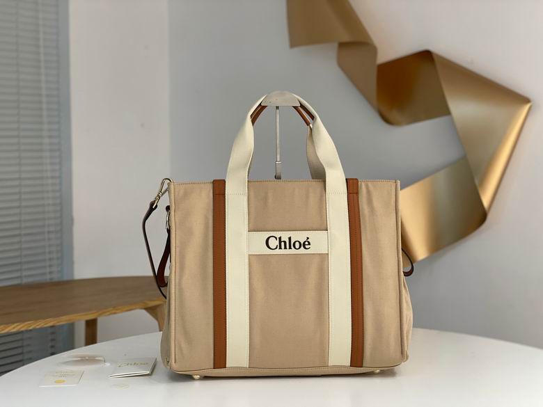 Chloé Woody Large Tote Bag in Beige Canvas with Tan Leather Trim