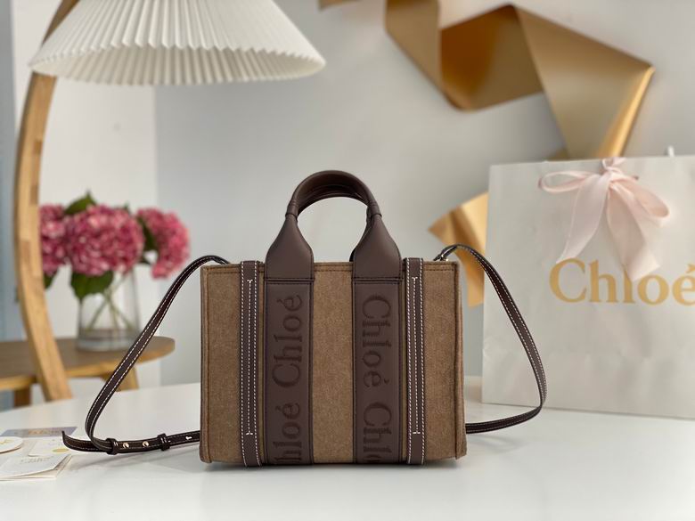 Chloé Woody Small Tote Bag in Brown Felt with Leather Trim and Strap