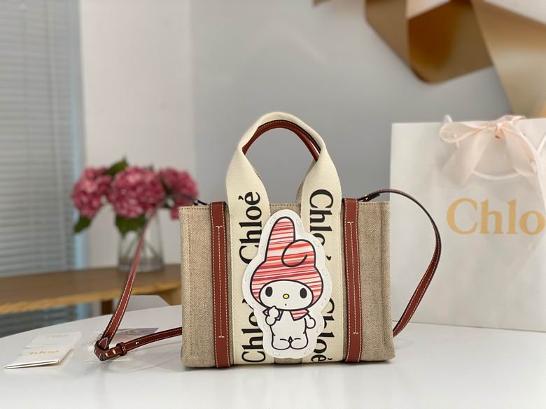 Chloé Woody Small Tote Bag with My Melody Patch in Beige Linen Canvas