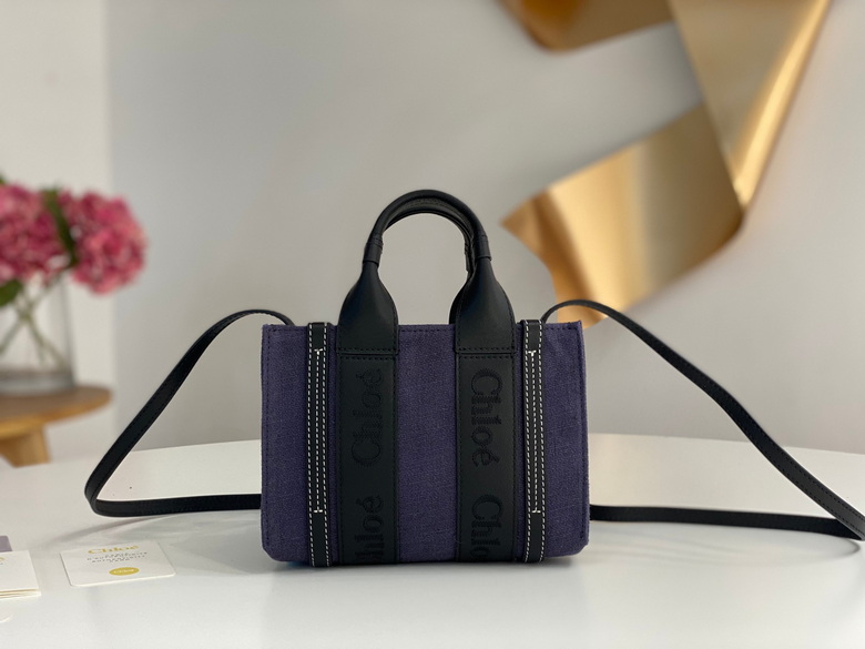 Chloé Woody Mini Tote Bag with Strap in Purple Canvas and Black Leather