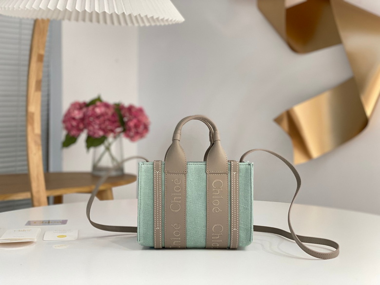 Chloé Woody Tote Bag in Mint Green Canvas with Taupe Leather Trim